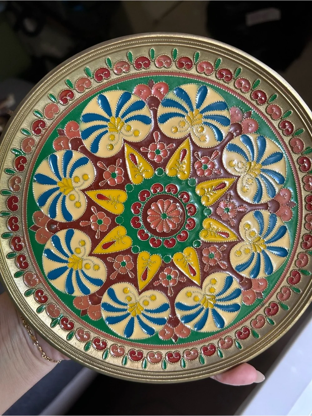 Vintage Indian Brass Champleve Enamel Wall Hanging Plate Floral Mandala Art